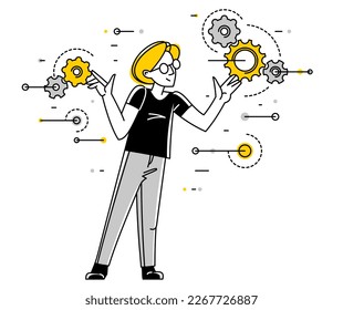 Mechanic engineer working on a draft plan vector illustration, inventor or repair job, engineering machine industry, system technician.