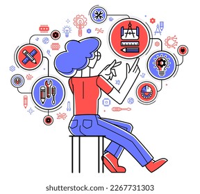 Mechanic engineer working on a draft plan vector illustration, inventor or repair job, engineering machine industry, system technician.