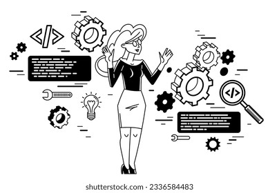 Mechanic engineer working on a draft plan vector illustration, inventor or repair job, engineering machine industry, system technician.