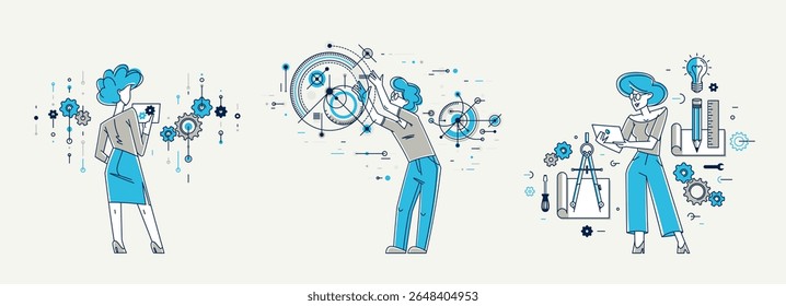 Engenheiro mecânico trabalhando em um projeto de plano de ilustração vetorial conjunto, inventor ou trabalho de reparo, indústria de máquinas de engenharia, técnico de sistema.