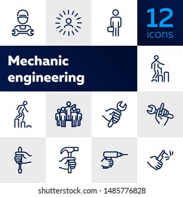 Mechanic engineering icons. Set of line icons on white background. Worker, equipment, drill. Job concept. Vector illustration can be used for topics like working, mechanic, industry