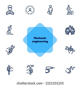Mechanic engineering icons. Set of line icons on white background. Worker, equipment, drill. Job concept. Vector illustration can be used for topics like working, mechanic, industry