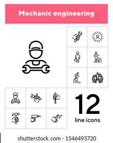 Mechanic engineering icons. Set of line icons on white background. Worker, equipment, drill. Job concept. Vector illustration can be used for topics like working, mechanic, industry