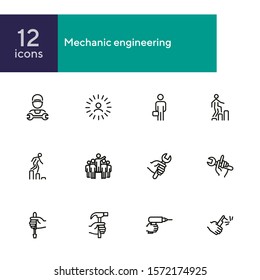 Mechanic engineering icons. Set of line icons on white background. Worker, equipment, drill. Job concept. Vector illustration can be used for topics like working, mechanic, industry