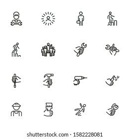 Mechanic engineering icons. Set of line icons on white background. Worker, equipment, drill. Job concept. Vector illustration can be used for topics like working, mechanic, industry