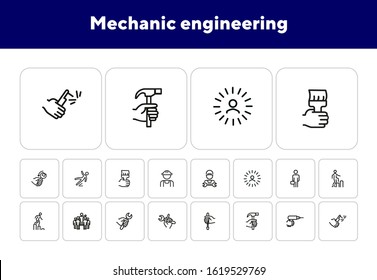 Mechanic engineering icons. Set of line icons on white background. Worker, equipment, drill. Job concept. Vector illustration can be used for topics like working, mechanic, industry