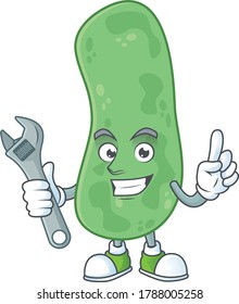 Un personaje de mascota de enterobacteriaceae mecánico arregla una máquina rota. Ilustración del vector