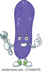 A mechanic escherichia coli mascot character fix a broken machine. Vector illustration