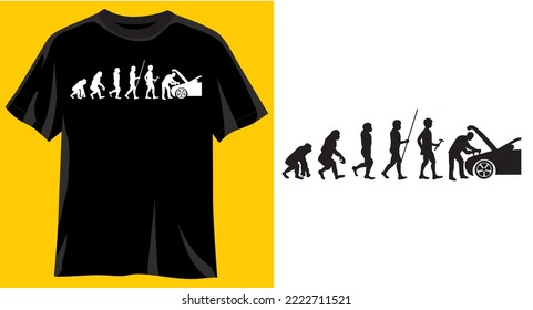 Evolución mecánica, Diseño gráfico divertido de camisetas, eslogan tipográfico con caricatura de auto, ilustración vectorial para camiseta.