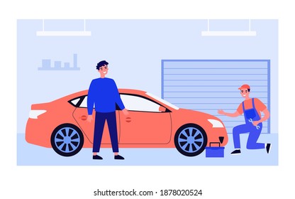 Mechanic examining and repairing red car. Worker in overall with spanner in garage flat vector illustration. Transport, maintenance, service concept for banner, website design or landing web page