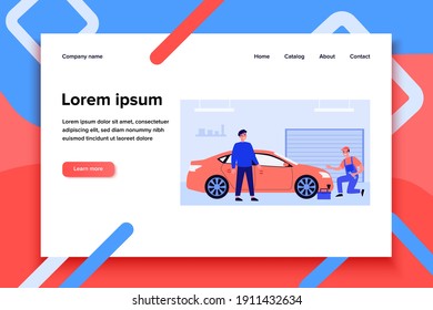 Mechanic examining and repairing red car. Worker in overall with spanner in garage flat vector illustration. Transport, maintenance, service concept for banner, website design or landing web page