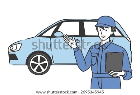 Mechanic explaining in front of a car illustration