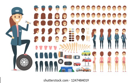 Mechanic female character in uniform set or kit for animation with various views, hairstyle, emotion, pose and gesture. Different equipment for car repair. Isolated flat vector illustration