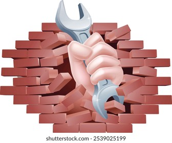 A mechanic fist hand holding a wrench tool spanner breaking through a wall