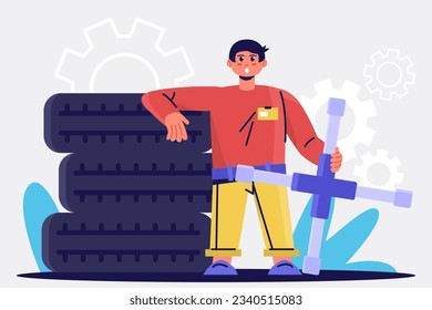 Mechanic fix various problems and repair wheel. Technic occupation. Automobile repair service concept. Flat vector illustration in cartoon style in blue and red colors