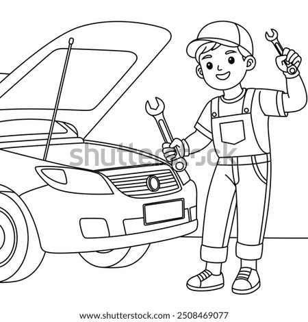 Mechanic Fixing a Car Coloring Page. Labor Day Hand Drawn Clip art