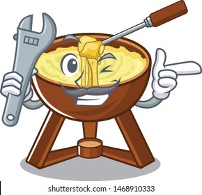 Mechanic fondue cheese in a cartoon plate