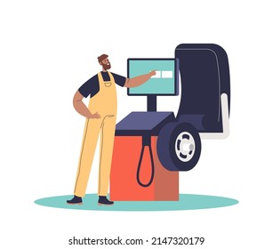 Mechanic in garage fitting car tire before mounting. Wheels and tyre fitter service. Transportation, tyre repair, computerized balancing concept. Cartoon flat vector illustration