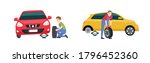 Mechanic in a garage set. Wheels, tyre fitting service. Transportation, tire repair, computerized balancing collection. Editable vector illustration in flat cartoon style isolated on white background