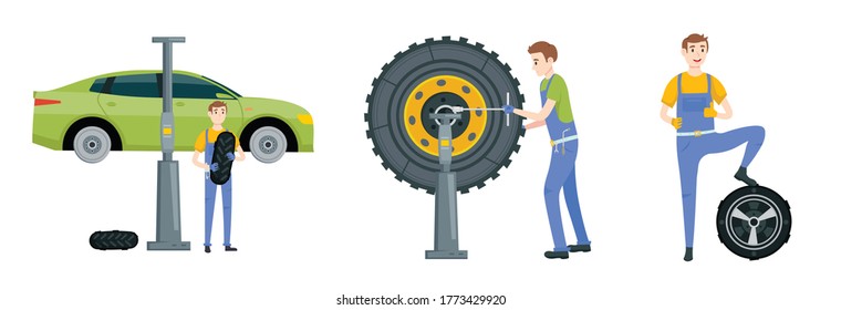 Mechanic in a garage set. Wheels,  tyre fitting service. Transportation, tire repair, computerized balancing collection. Editable vector illustration in flat cartoon style isolated on white background