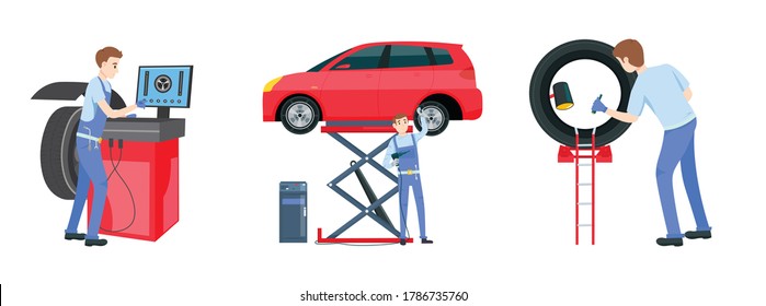 Mechanic in a garage set. Wheels and tyre fitting service. Transportation, tire repair, computerized balancing collection. Editable vector illustration in flat cartoon style on white background