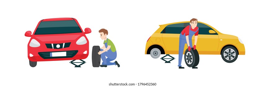 Mechanic In A Garage Set. Wheels, Tyre Fitting Service. Transportation, Tire Repair, Computerized Balancing Collection. Editable Vector Illustration In Flat Cartoon Style Isolated On White Background