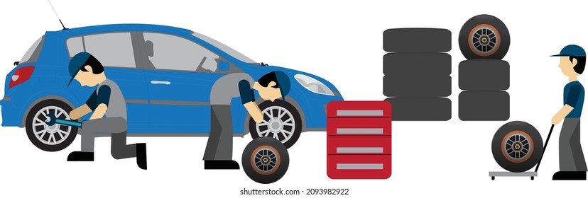 Mechanic in a garage set. Wheels and tyre fitting service. Transportation, tire repair, computerized balancing collection. Editable vector illustration in cartoon style isolated on white background
