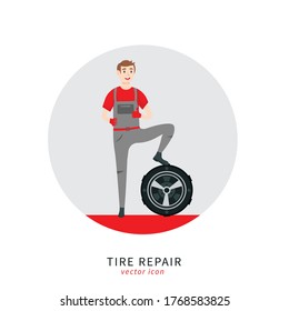 Mechanic in a garage sign. Wheels and tyre fitting service. Transportation, tire repair, computerized balancing concept. Editable vector illustration in flat cartoon style isolated on white background