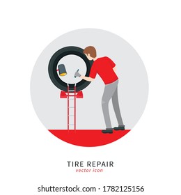 Mechanic in a garage sign. Wheels and tyre fitting service. Transportation, tire repair, computerized balancing concept. Editable vector illustration in flat cartoon style isolated on white background