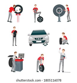 Mechanic in a garage sign. Wheels and tyre fitting service. Transportation, tire repair, computerized balancing set. Editable vector illustration in flat cartoon style isolated on white background