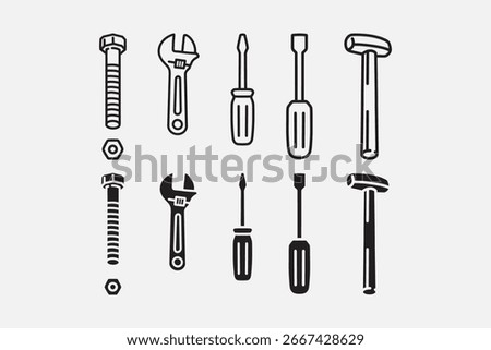 Mechanic garage toolkit outline and solid icon set. Workshop equipment line art and glyph symbol collection. Wrenches, Screwdrivers, Hammers, Bolts, Nuts. Vector illustration