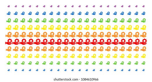 Mechanic Gear Service Hand icon rainbow colored halftone pattern. Vector shapes arranged into halftone matrix with vertical spectral gradient. Constructed for backgrounds, covers,