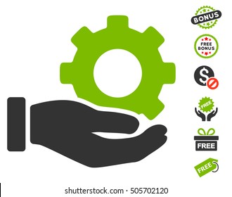 Mechanic Gear Service Hand icon with free bonus icon set. Vector illustration style is flat iconic symbols, eco green and gray colors, white background.
