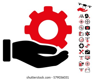 Mechanic Gear Service Hand icon with bonus copter service design elements. Vector illustration style is flat iconic intensive red and black symbols on white background.