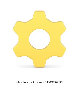 Mechanic gear wheel engine component yellow glossy machine progress turning workflow front view realistic 3d icon vector illustration. Brainstorming development industrial production