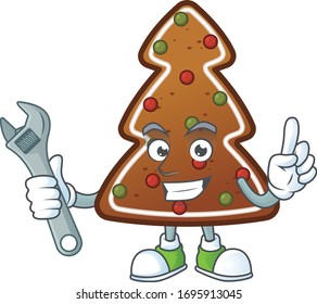 A mechanic gingerbread tree mascot character fix a broken machine