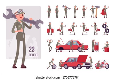 Mechanic girl in overalls character set. Female skilled worker, motor vehicle service technician wearing nice uniform, garage, auto workshop job. Full length, different view, gestures, emotions, poses