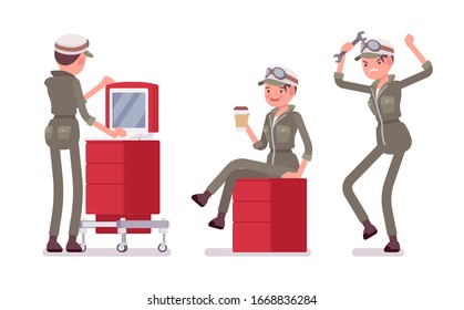 Mechanic girl in overalls at computer diagnostic. Attractive female skilled worker, motor vehicle service technician wearing uniform, garage, auto workshop job. Vector flat style cartoon illustration