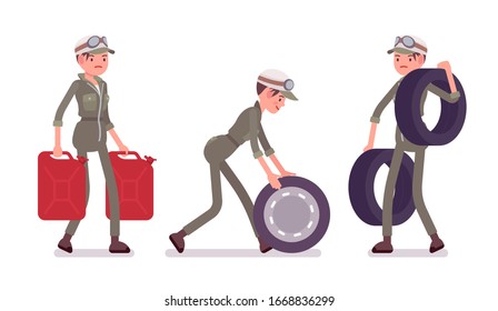 Chica mecánica en los overoles trabajando con neumático, bote de aceite. Trabajadora calificada, técnica de servicios de vehículos de motor que lleva uniforme, garaje o taller de automóviles. Dibujo de dibujos animados de estilo plano vectorial