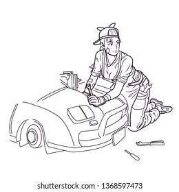 mechanic girl repairing the car