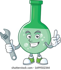 A mechanic green chemical bottle mascot character fix a broken machine