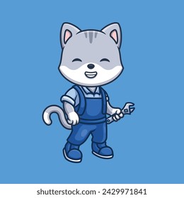 Mechanic Grey Cat Cute Cartoon Illustration