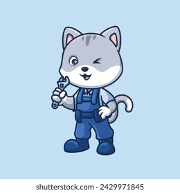 Mechanic Grey Cat Cute Cartoon Illustration