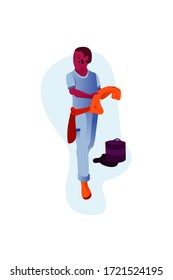 A mechanic guy with dirt on his face is taking off his orange shirt after work, mechanic vector illustration