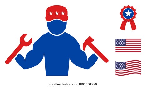 Mechanic guy icon in blue and red colors with stars. Mechanic guy illustration style uses American official colors of Democratic and Republican political parties, and star shapes.