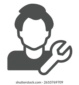 Mechanic guy and wrench solid icon, repair service concept. Vector graphics. Master man with repair tool sign on white background, glyph style icon for mobile or web design