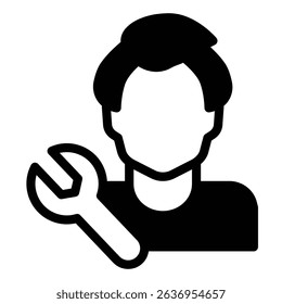 Mechanic guy and wrench solid icon, repair service concept. Vector graphics. Master man with repair tool sign on white background, style mobile or design