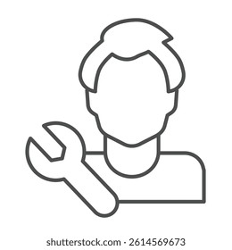 Mechanic guy and wrench thin line icon, repair service concept. Vector graphics. Master man with repair tool sign on white background, linear style icon for mobile or web design