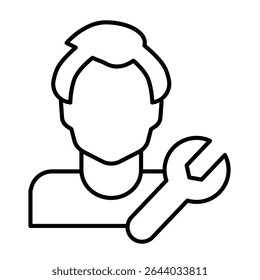 Mechanic guy and wrench thin line icon, repair service concept. Vector graphics. Master man with repair tool sign on white background, style mobile or design