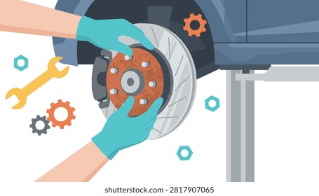 Mechanic hands wearing blue gloves installing a rusty brake rotor on a vehicle lifted by a hydraulic car hoist in a shop.